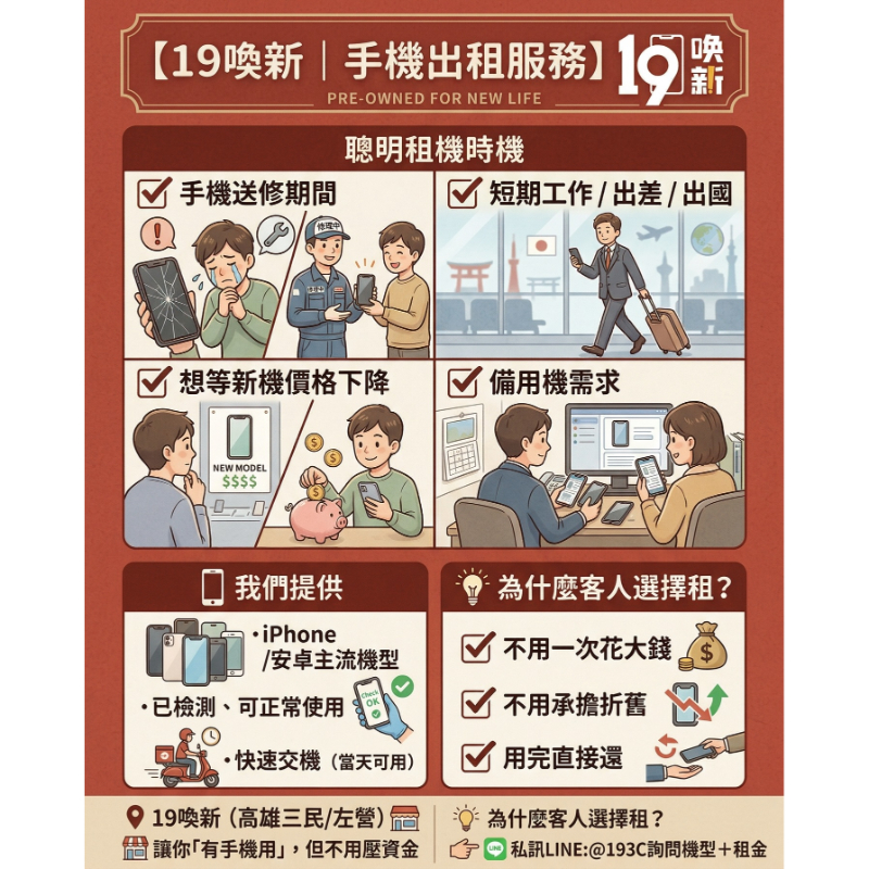 【19喚新｜手機出租服務】【高雄手機租賃】